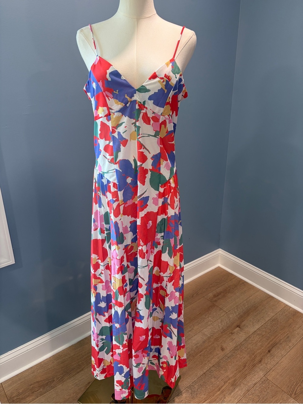 ASOS DESIGN Abstract Floral Slip Maxi Dress White Red Blue Green Petite US 8